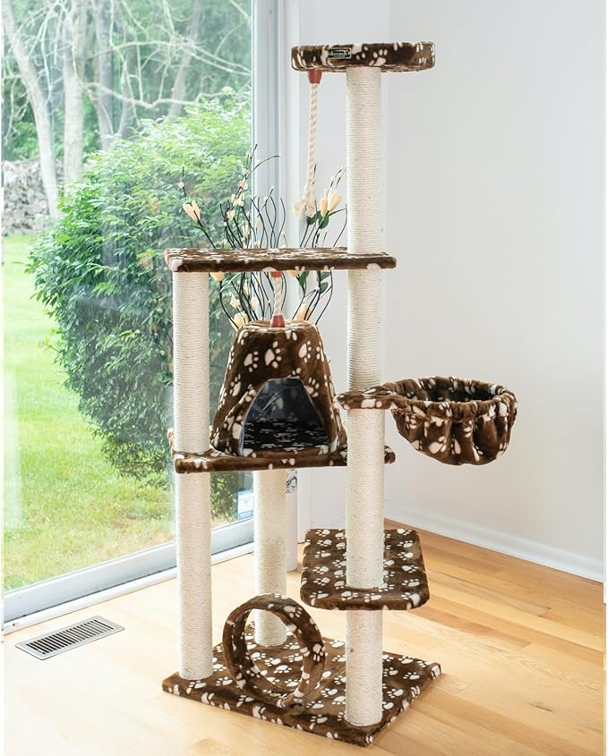 Cat Hammock Bed - Natural Sisal Tree Condo for Cats - Soft Plush Perch, Play Tube - Up to 50 lbs
