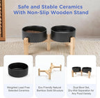 SPUNKYJUNKY Elevated Dog Bowls Ceramic, 5.1'' Dogs and Cat Food Water Bowls Raised with Non-Slip Bamboo Stand for Puppy Small Sized Breed Microwave Dishwasher Safe - 13.5 OZ,Black