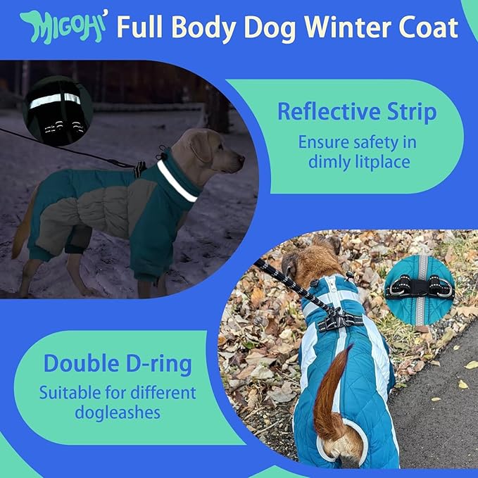 MIGOHI Full Body Dog Coat - Warm Reflective Small Dog Winter Coat with Harness, Turtleneck Fleece Jacket for Dogs,Four-Leg Windproof Puffer Jackets Snowsuit with Zipper for Small Medium Large Dogs,S