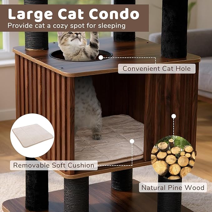 PETSITE 64-inch Wooden Cat Tree, Multi-Level Modern Cat Tower with Scratching Posts, Spacious Condo with Top Cat Hole and Removable Soft Pad, Comfy Padded Top Perch, and Dangling Ball
