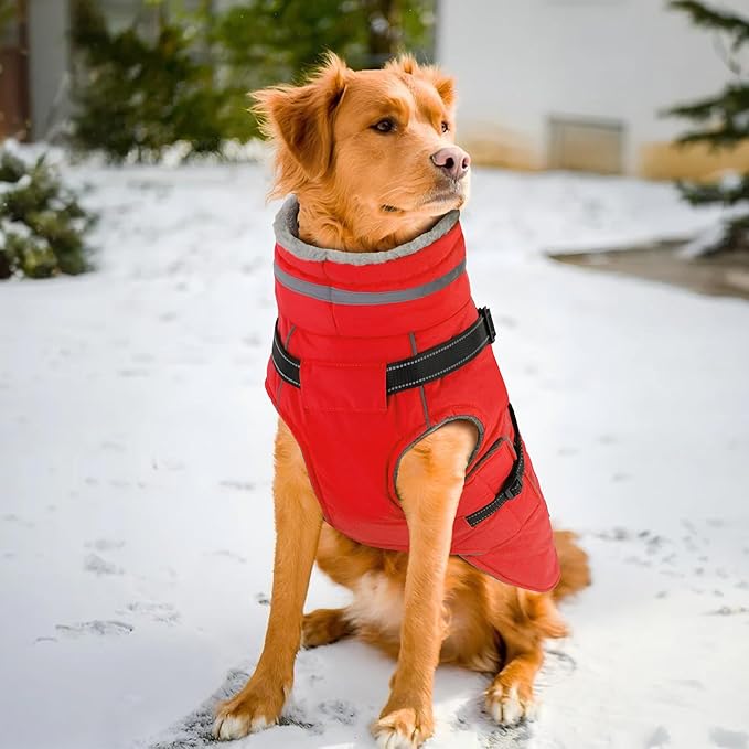 PETDSH Dog Coat Large, Built-in Harness Dog Jacket with Warm Fleece Lining, Waterproof Reflective Dogs Winter Coat, Pet Coats with Pocket and Trash Bags (Red, XX-Large)