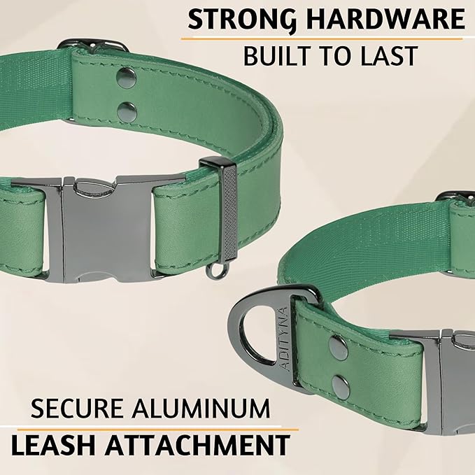 ADITYNA Leather Dog Collar with Metal Buckle - Heavy-Duty, Adjustable for Medium & Large Dogs - Walking, Training, Hiking (Green, Fits 15-21" Necks)