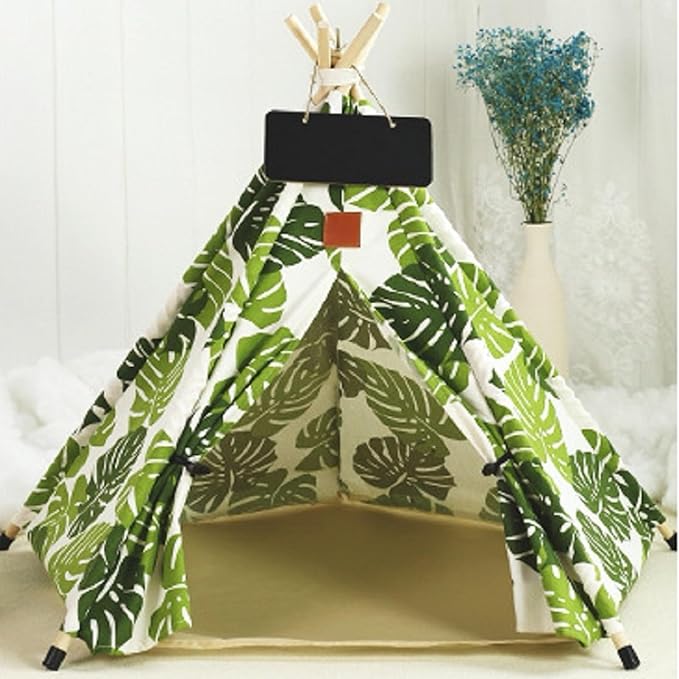 Cat Teepee Tent Bed,Outdoor Indoor Dog House Portable Washable Pet Tent for Small Dogs with Cushion Inside Pet Teepee for Small Medium Animals (Green&White, M)