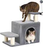 Happi N Pets Dog Stairs with Cat Scratching Post & Large Condo, Stable Pet Steps for High Beds Couch, 3 Combinations Cat Ramp Tree Tower for Cats or Small Dogs, Removable Cushion & Bonus Toy, Gray