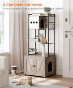 HOOBRO Cat Tree with Litter Box Enclosure, 58.7" H Cat Tower with Hidden Litter Box Furniture, with Scratching Post, Step, Hammock, Multifunctional Pet Furniture with Food Bowls, Greige BG30MZ03G1