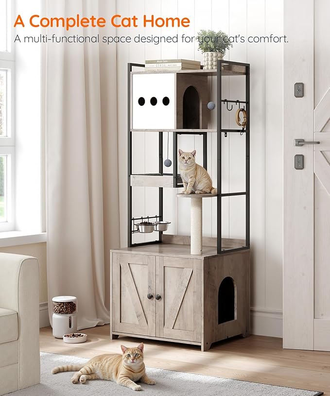 HOOBRO Cat Tree with Litter Box Enclosure, 58.7" H Cat Tower with Hidden Litter Box Furniture, with Scratching Post, Step, Hammock, Multifunctional Pet Furniture with Food Bowls, Greige BG30MZ03G1