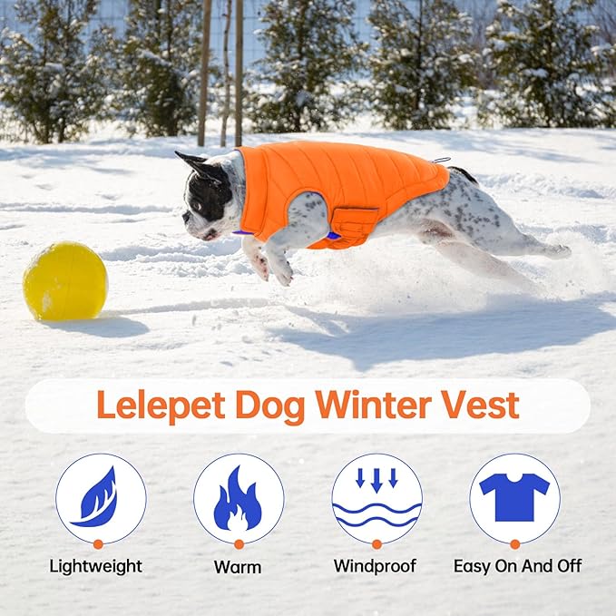 Lelepet Reversible Dog Coat Waterproof Dog Jacket Windproof Puffer Vest for Winter Warm Lightweight Coats for Small Dogs Adjustbale Hook & Loop Pet Apparel with Leash Hole, Pug, Orange, M