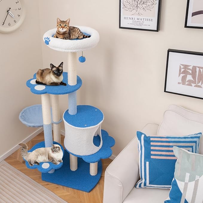 PETSITE 54 inch Cat Tree Tower, Multi-Level Modern Cat Tower with Sisal Scratching Posts, Jingling Ball, Top Perch, Side Hammock, and Cat Condo, Cute Blue Cat Tree for Indoor Cats