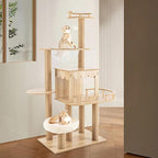 Modern Cat Tree Tower with Multiple Platforms, Cat House, Hemp Rope Scratching Post and Transparent Bed - Rustic Brown and White Design for Indoor Cats