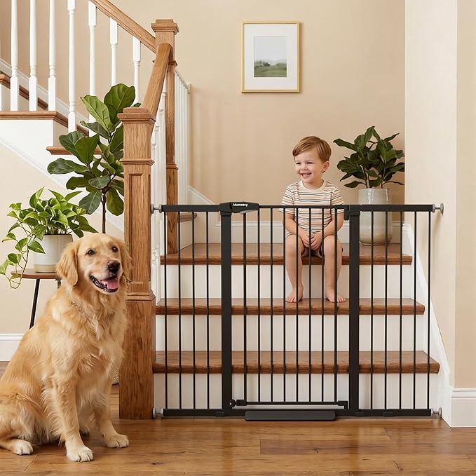 Mumeasy 29.7-57" Extra Wide Baby Gate, Auto Close Large Dog Gate for Doorways, No Drilling Pressure Mounted Pet Safety Gate for Stairs, Easy Walk Through Child Gate for Hallways, House, Indoor, Black