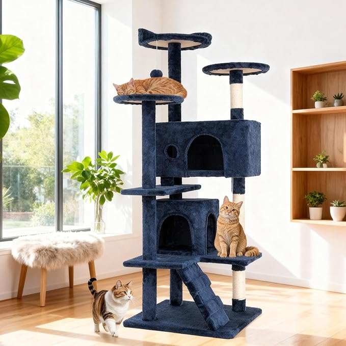 BestOffice 54 Inch Cat Tree, Multi-Level Cat Tower with Condo, Perches, Sisal Scratching Posts, Climbing Ladder,Indoor Activity Center Play House for Kittens & Adult Cats, Navy Blue