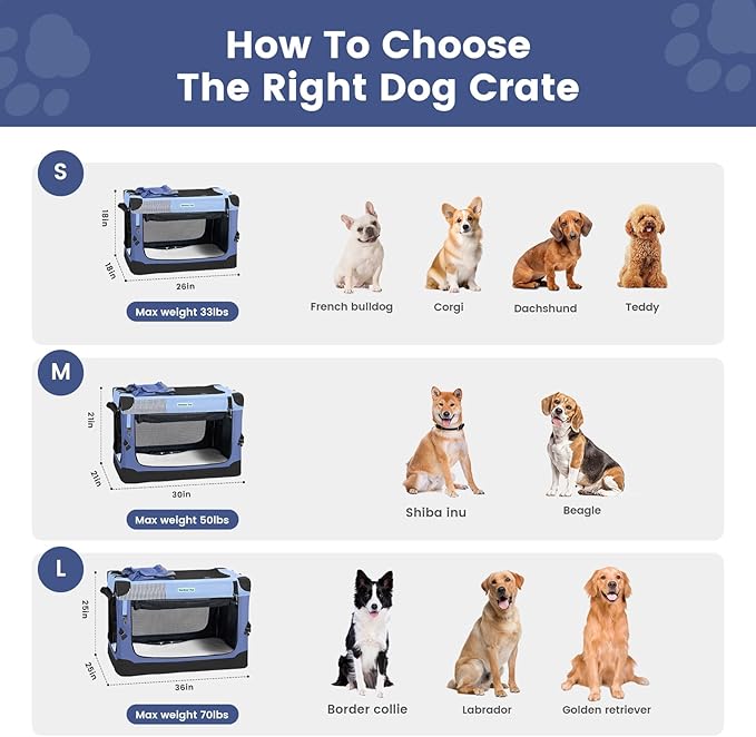 Gardner Pet Soft Collapsible Dog Crate - 26 Inch Portable Travel Dog Crate for Puppy/Small Dogs Indoor & Outdoor, 3-Door Pet Crate with Durable Mesh Windows & Storage Bag, Blue