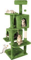 58in Large Cat Tree Tower for Indoor Cats with Soft Plush Hang Ball, Two Condos, Sisal Scratch Posts & Rope Play for Kittens/Adult Cats, Green