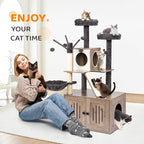 VINGLI Cat Tree Tower with Litter Box, 54" H All-in-1 Wooden Cats Condo, Cat Tower wih Scratching Posts, Houses for Indoor Kittens Hidden Cat Washroom Furniture, Gray (Large-54 H)