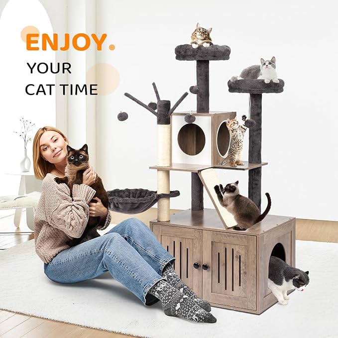 VINGLI Cat Tree Tower with Litter Box, 54" H All-in-1 Wooden Cats Condo, Cat Tower wih Scratching Posts, Houses for Indoor Kittens Hidden Cat Washroom Furniture, Gray (Large-54 H)