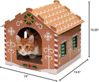 Furhaven Cardboard Cat House w/ Catnip for Indoor Cats, Ft. Scratching Pad & Hanging Toys - Decorated Gingerbread House Holiday Cat Scratcher Hideout - Christmas Print, One Size