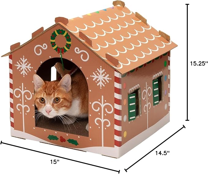 Furhaven Cardboard Cat House w/ Catnip for Indoor Cats, Ft. Scratching Pad & Hanging Toys - Decorated Gingerbread House Holiday Cat Scratcher Hideout - Christmas Print, One Size