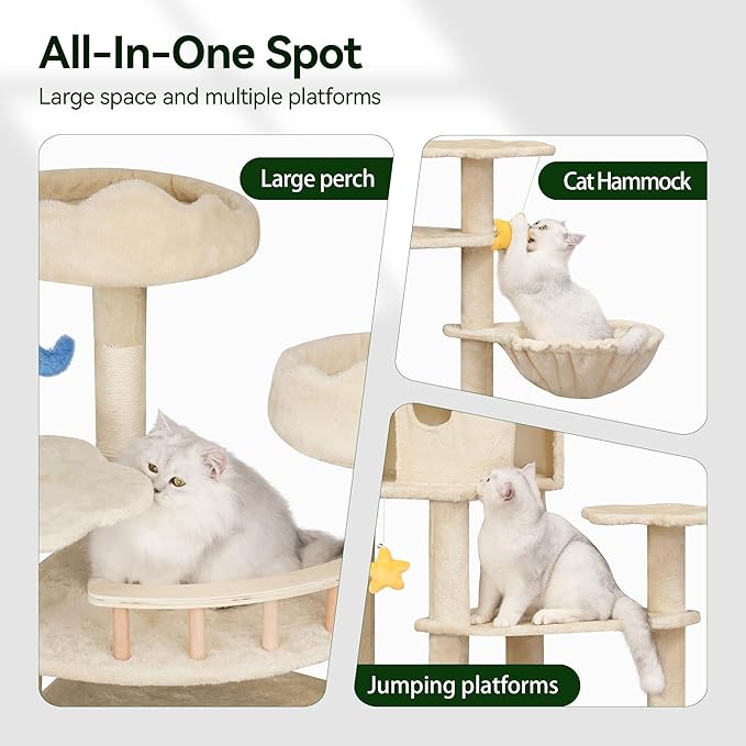 79inch Heavy Duty Cat Tree for Indoor Cats Large Adult, Tall Giant Cat Tower with Scratching Post, Large Perches, Cozy Cat Condos & Hanging Hammocks, Beige