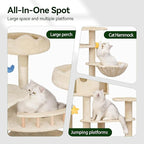 79inch Heavy Duty Cat Tree for Indoor Cats Large Adult, Tall Giant Cat Tower with Scratching Post, Large Perches, Cozy Cat Condos & Hanging Hammocks, Beige