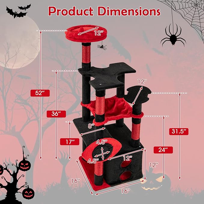 Tangkula Gothic Cat Tree, Halloween Cat Tower with Sisal Scratching Posts & Board, Spooky Bat-Shaped Platforms, Spider Toy, Devil Ear-Shaped Perch, Goth Cat Tree w/Large Hammock & Condo, Black & Red