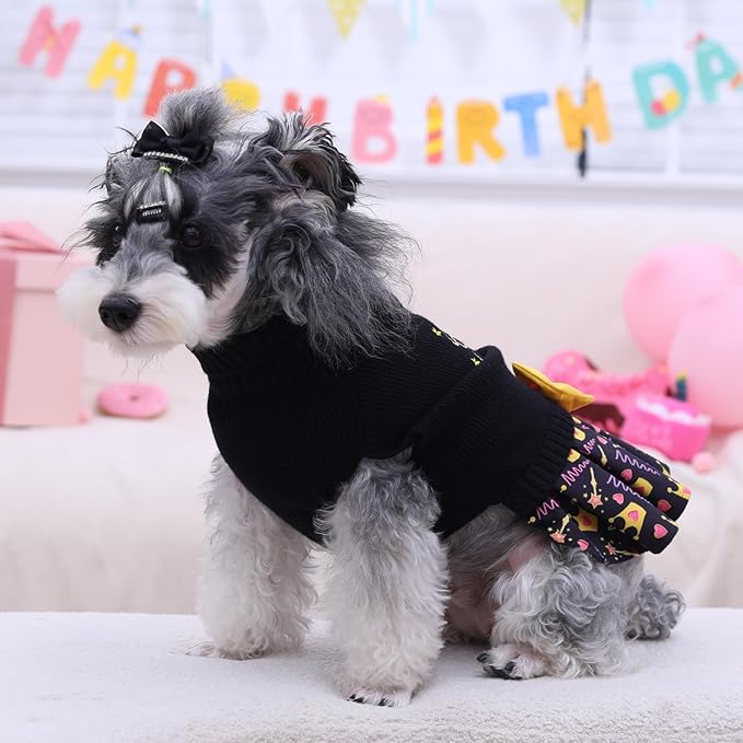 CuteBone Core Spun Birthday Dog Sweater Dress for Small Dogs Girl, Turtleneck Embroidery Medium Dog Sweater with Leash Hole, Dog Coat for Chihuahua Yorkie Teacup DS105L