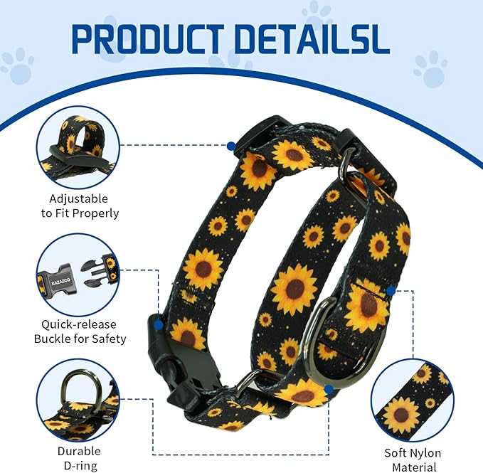Kazazoo Martingale Collar for Dogs with Quick Release Buckle Adjustable Soft Durable Dog Collar for Small Medium Large No Pull Training Dog Collars-Black Sunflower S