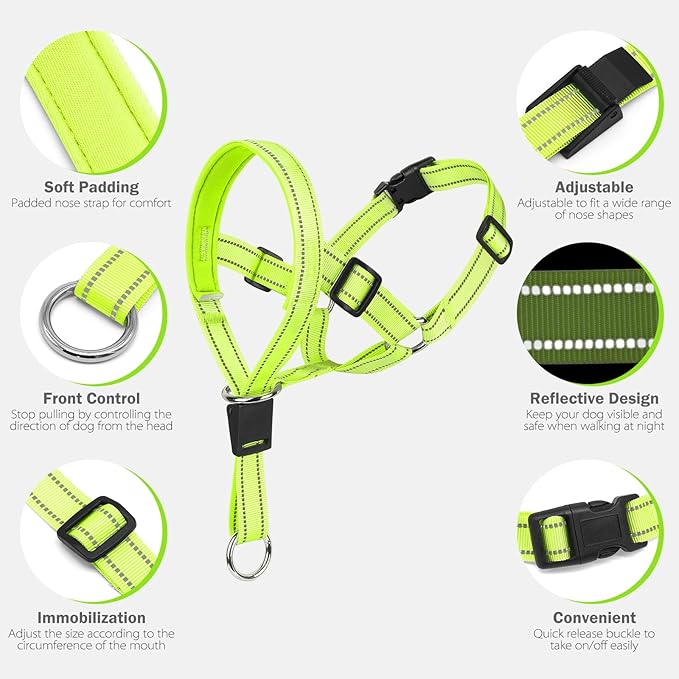 Weesiber Soft Dog Head Collar - Adjustable Dog Head Harness, Padded No Pull Head Halter Collar with Reflective Safety Strip for Training and Walking(Green,L)
