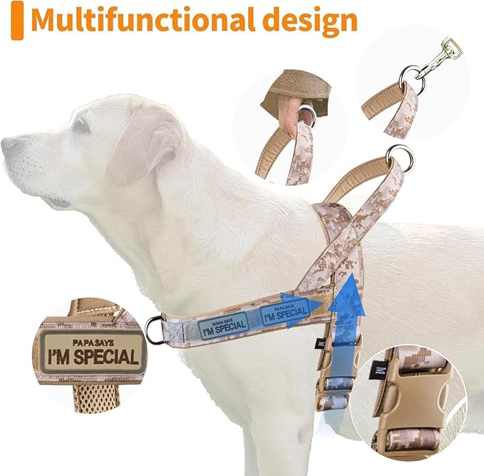 No Pull Dog Harness for Medium Large Dogs, Escape Proof Adjustable Harness Brown Camo, L