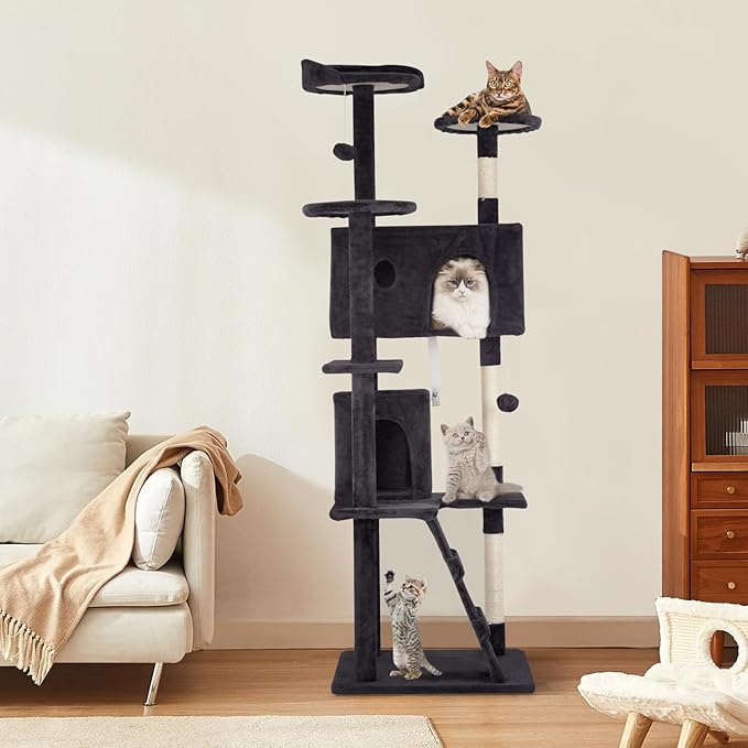Cat Tree 69.3 inches Cat Tower for Indoor Cats Cat House with Replaceable and Removable Dangling Ball Cat Trees and Towers with Funny Toys, ASHY