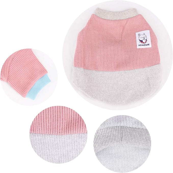 iChoue Pet Dog Crewneck Sweater Color Block Pullover Winter Warm Clothes for English Bulldog Boston Terrie - Pink and Grey/Large Plus