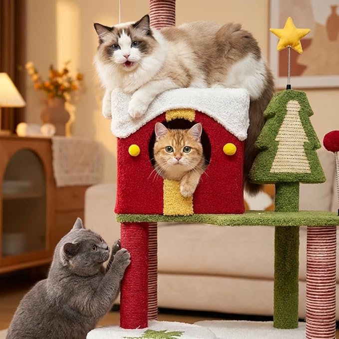 Cat Tree Tower with Cozy Condos, Multi-Level Green Cat Tower with Scratching Posts, Cat House Furniture with Snow Roof & Tree Design, Stable Cat Playground for Indoor Cats