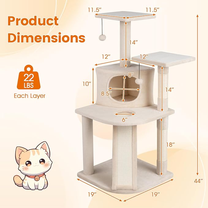 PETSITE 44-inch Multi-Level Cat Tree, Modern Cat Tower with Sisal Scratching Posts, Cozy Condo, Playful Cat Hole, Sisal Covered Ladder, and Dangling Ball, Ideal for Indoor Cats and Kittens (Beige)