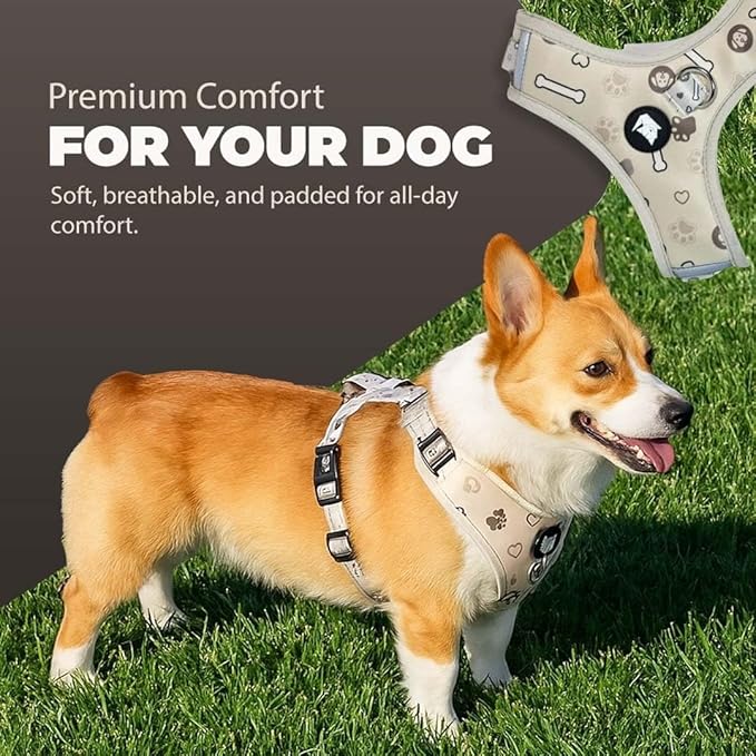 Haminway No-Pull Dog Harness for Medium Dogs – Reflective, Breathable Vest with Adjustable Chest & Neck Straps – Easy to Wear, Anti-Choke Harness for Safer Walks (Beige, Size Medium)