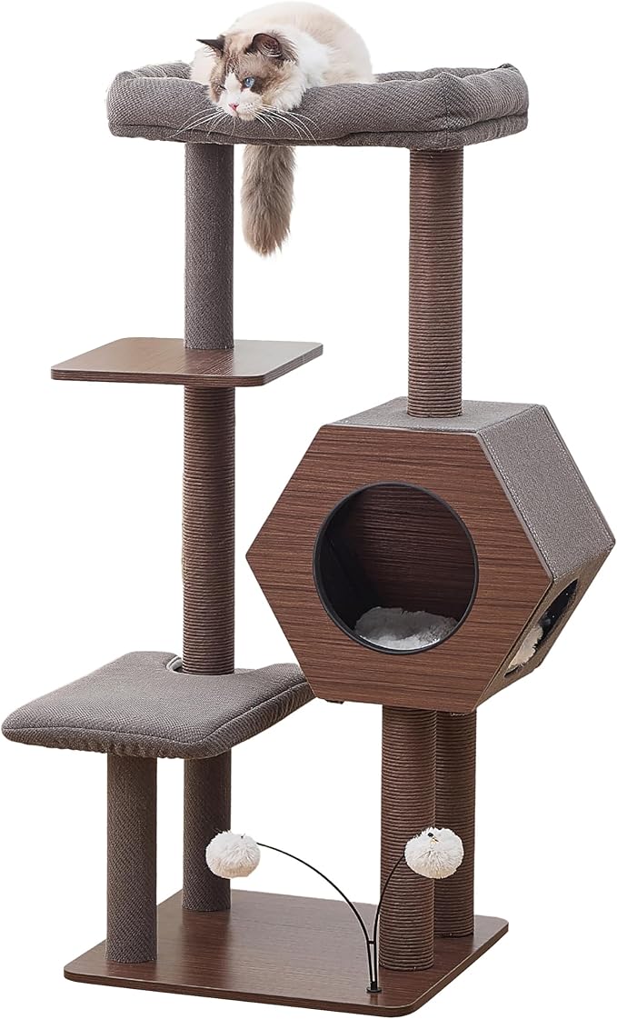 PetPals 5-Level 46.4” Mid-Century Modern Cat Tree with Hexagon Condo, Replaceable Recycled Paper Rope Scratchers, Washable Bed&Toys, Quick Assembly, Ideal for Medium Cats,Dark Brown