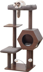 PetPals 5-Level 46.4” Mid-Century Modern Cat Tree with Hexagon Condo, Replaceable Recycled Paper Rope Scratchers, Washable Bed&Toys, Quick Assembly, Ideal for Medium Cats,Dark Brown