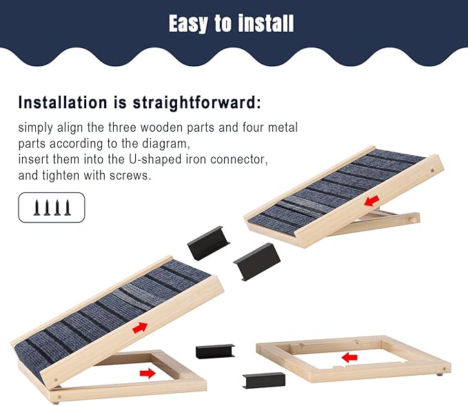 Adjustable Wooden Dog Ramp for Small & Medium Dogs, 27.6" Long x 11.8" Wide Portable Pet Ramp for Bed, Couch, Sofa & Car, Anti-Slip Carpet, Lightweight Foldable Indoor Outdoor Travel Dog Ramp