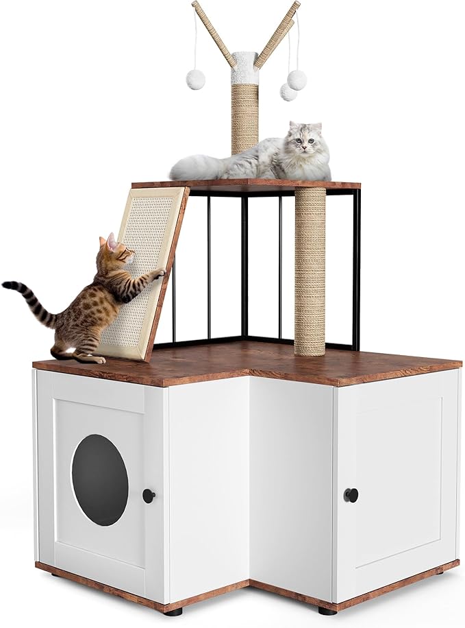 48.8" Wooden Cat Tree with Hidden Litter Box Enclosure & Storage Cabinet – 2-in-1 Cat Furniture with Scratching Post, Toy Balls, and Play Area for Indoor Cats