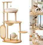 Solid Rubber Wood Cat Tree Tower with Scratching Posts Cat Scratching Ball and Board Washable Easy Clean for Large & Multi-Cat Homes