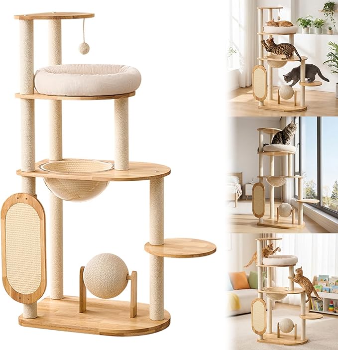 Solid Rubber Wood Cat Tree Tower with Scratching Posts Cat Scratching Ball and Board Washable Easy Clean for Large & Multi-Cat Homes