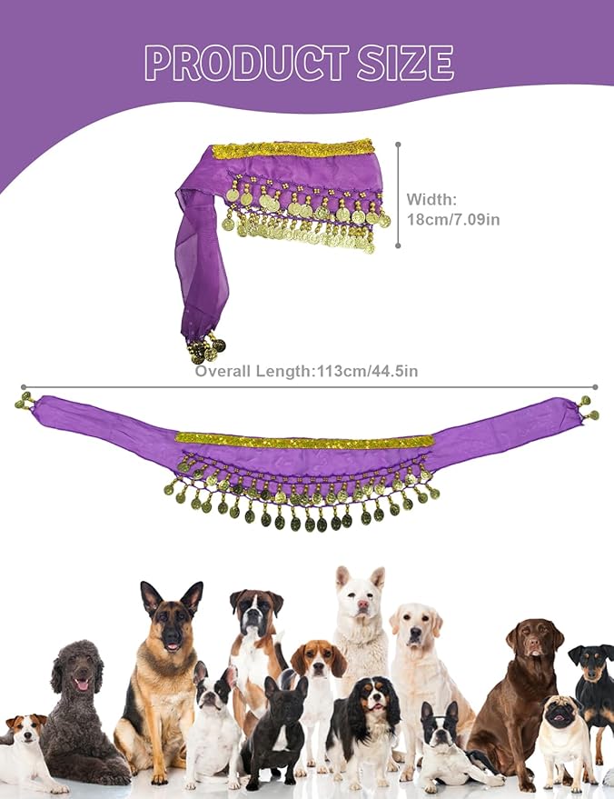 Dog Belly Dancer Costume - Puppy Outfit with Sequin Waist Chain & Hip-Shaking Skirt - Ideal for Corgi and Puppy Birthday Parties or Halloween Celebrations(Small,Purple)
