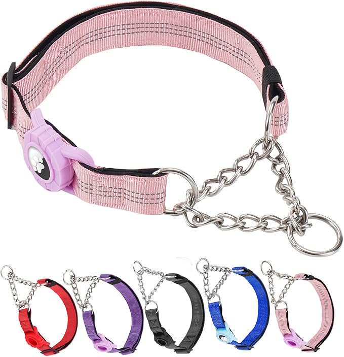 Cymiler Martingale Dog Collar with AirTag Holder, Reflective Nylon Training Collar, Stainless Steel Chain, Heavy Duty Buckle, Limited Slip Collars for Small Medium Large Dogs (Pink, Large)