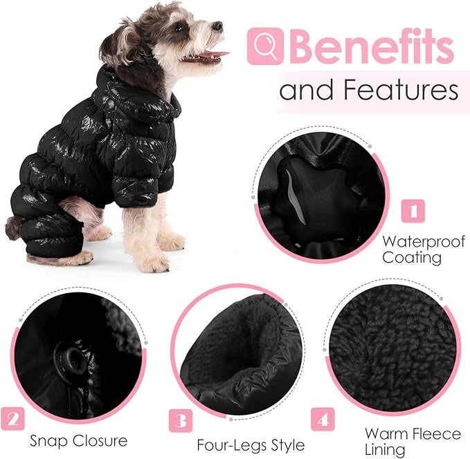 AOFITEE Dog Coat, Dog Winter Jacket, Fullbody Dogs Winter Coat Snowsuit, Waterproof Pet Puffer Jacket Snow Suit with Legs, Pet Fleece Vest, Cold Weather Coats for Small Dogs, Black L