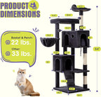 WEEWAY 63in Cat Tree Tower for Indoor Cats, Multi-Level Activity Center with Unique Feline Ear-Style Perch, 2 Cozy Condos, Climbing Ladder, Sisal Scratching Posts, Hanging Balls, Dark Grey