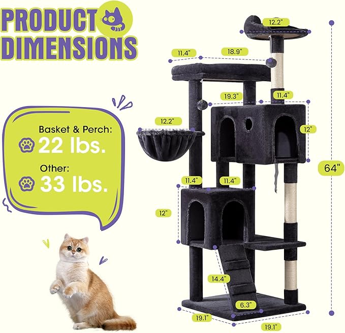 WEEWAY 63in Cat Tree Tower for Indoor Cats, Multi-Level Activity Center with Unique Feline Ear-Style Perch, 2 Cozy Condos, Climbing Ladder, Sisal Scratching Posts, Hanging Balls, Dark Grey