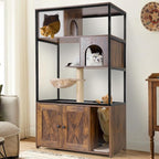 GUTINNEEN Cat Litter Box Enclosure Cat Tree with Hidden Litter Box Furniture with Scratching Post, Hammock, and Mat 57.5 Inch (Brown)