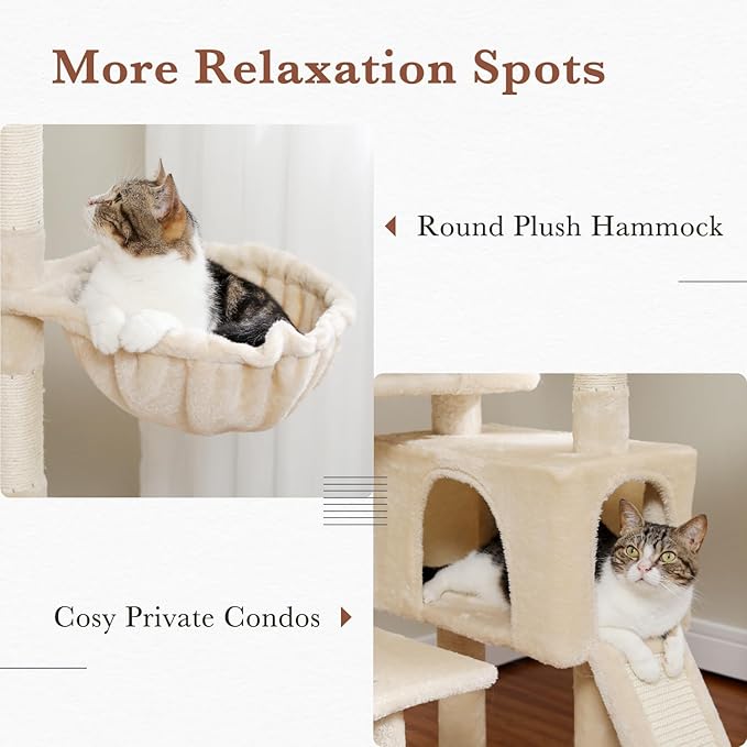 PEQULTI 60'' Cat Tree, Tall Cat Tower with 2 Large Condos, Wide Top Perch, Cozy Hammock and Sisal Scratching Posts for Indoor Cats Lare Adult Beige
