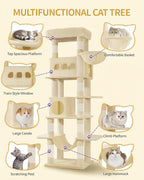 Cat Tree for Indoor Cats, 69.9 Inch Large Tall Cat Tower, Multi-Level Cats House with Condo, 8 Scratching Posts, Hammock, 4 Pom Poms, Beige MS17018YL