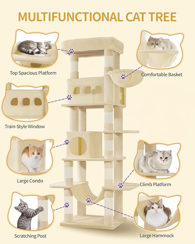 Cat Tree for Indoor Cats, 69.9 Inch Large Tall Cat Tower, Multi-Level Cats House with Condo, 8 Scratching Posts, Hammock, 4 Pom Poms, Beige MS17018YL