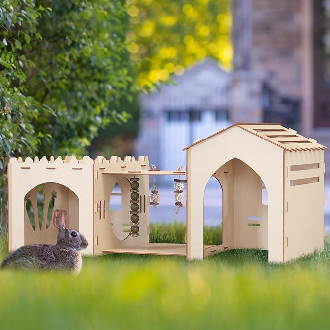 Woiworco Extra Large Rabbit Castle Hideout Bunny House for Easter Day with 3 Houses and Toys, Wooden Bunny Hideout Indoor Large Rabbit Hutch Play Houses and Hideouts Nut Castle Hamsters
