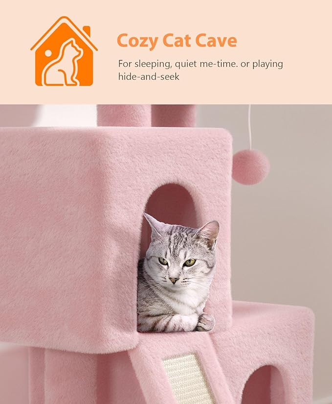 Cat Tree Tower for Indoor Cats Large Adult,Cute/Tall Modern Cat Tree for Big Cats 20 lbs,34''Plush Multi-Level Cat Condo with Scratching Posts,Dangling Ball (Soft Pink, 34 inch)